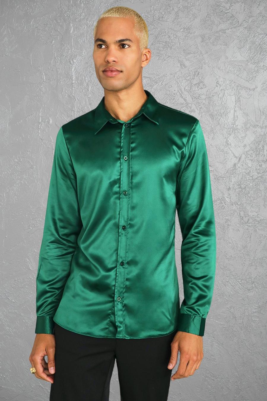 Dark green Long Sleeve Satin Slim Fit Shirt image number 1
