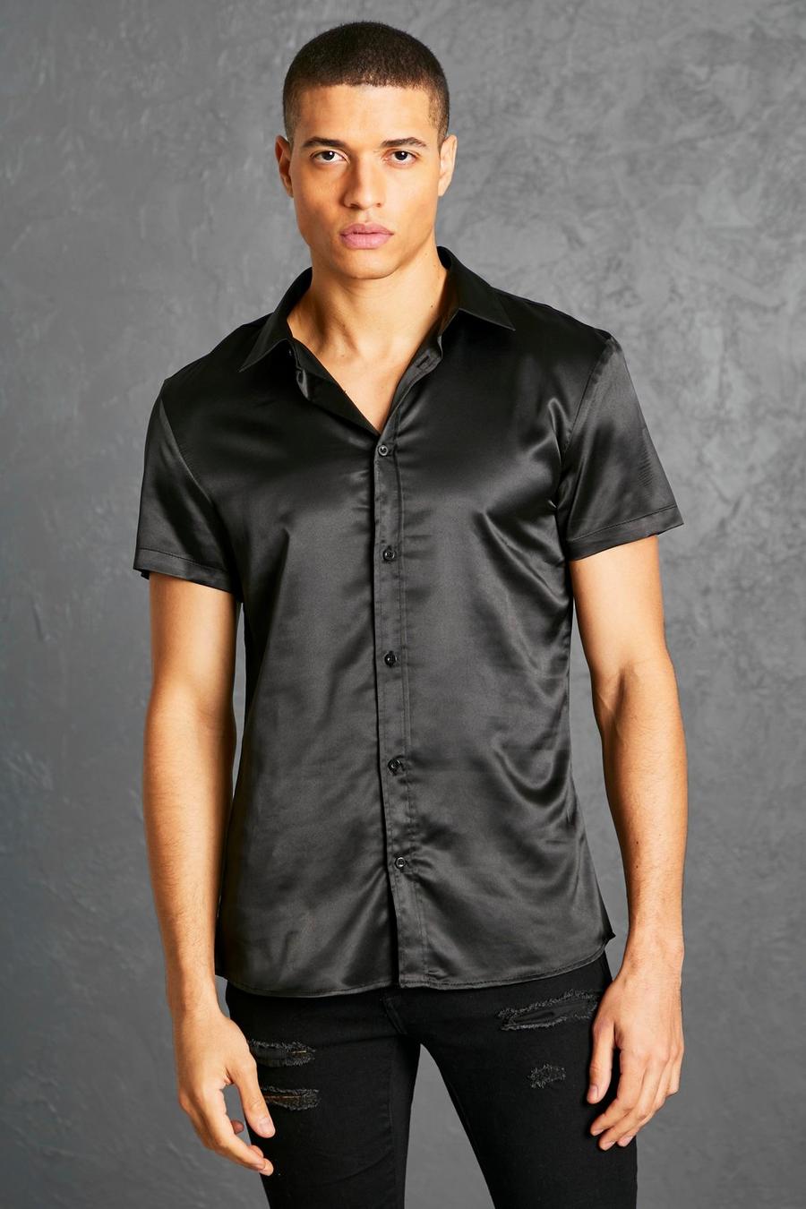 Black Satijnen Slim Fit Overhemd Met Korte Mouwen image number 1