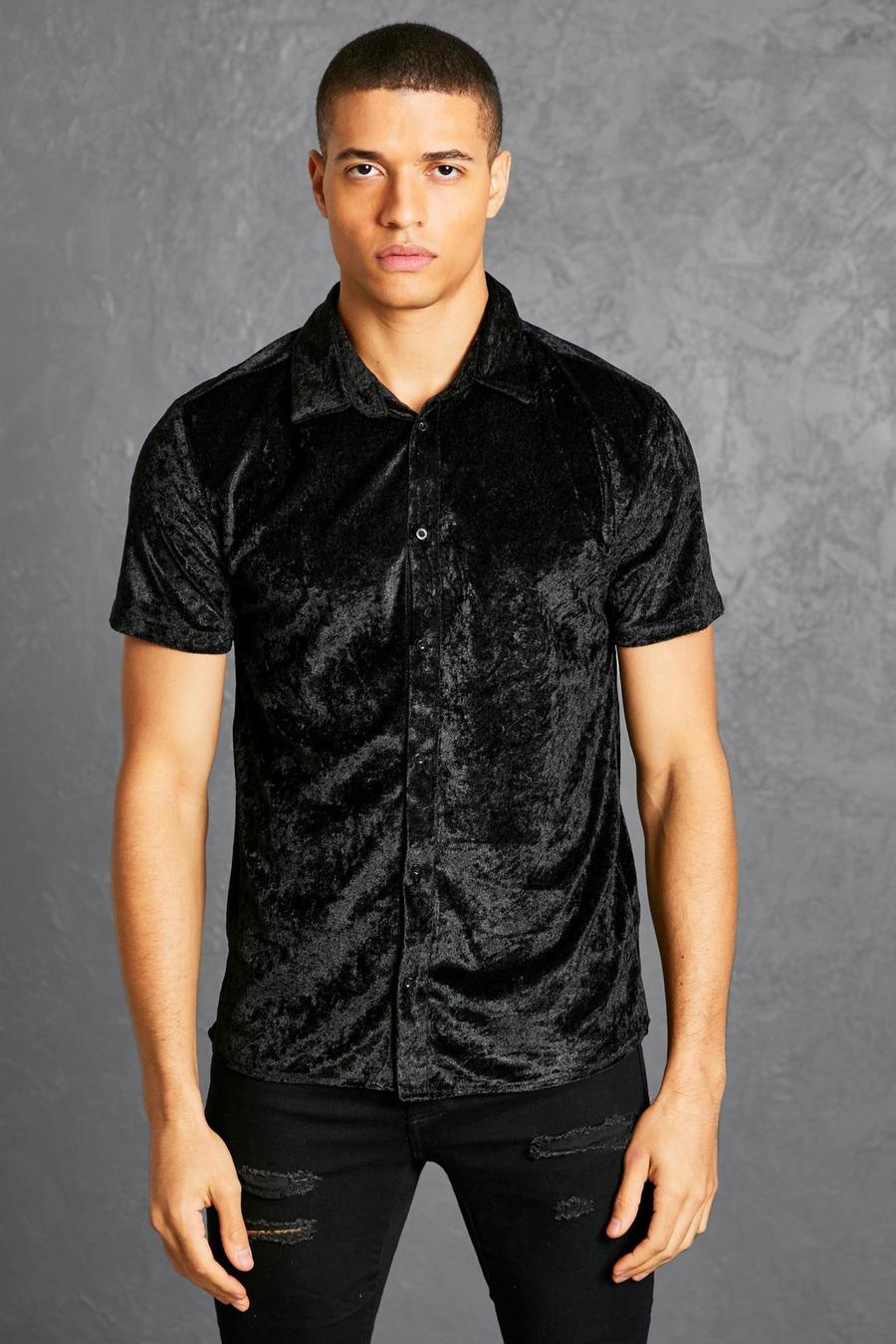 Black Muscle Fit Short Sleeve Velvet Shirt image number 1