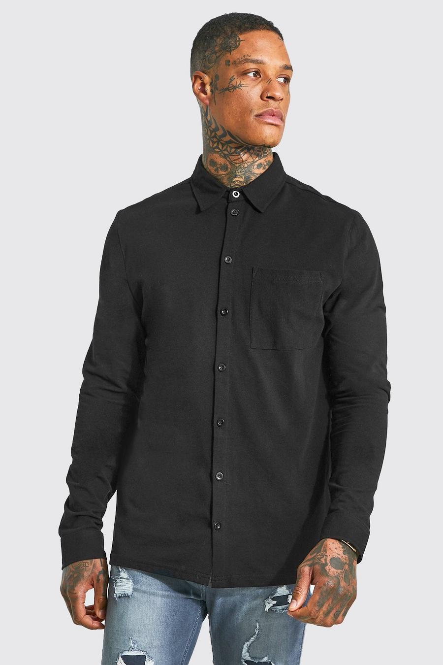 Black Long Sleeve Regular Pique Shirt image number 1