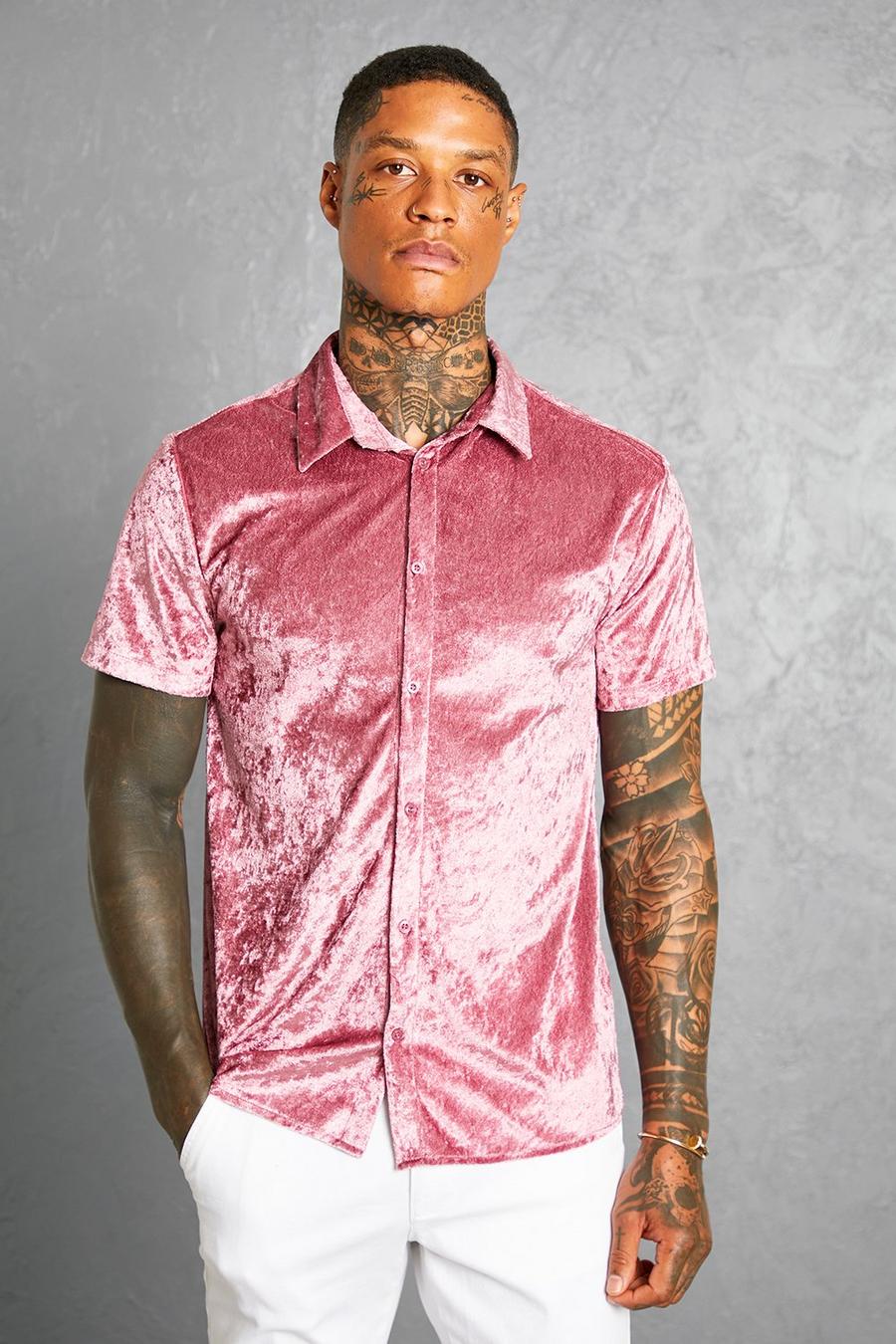 Dusky pink Muscle Fit Short Sleeve Velvet Shirt image number 1