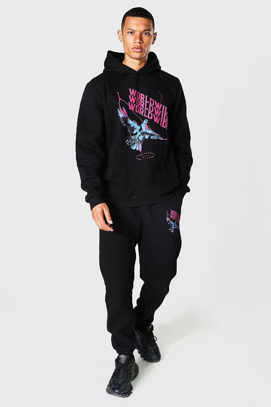 Black Tall Worldwide Dove Print Hooded Tracksuit image number 1