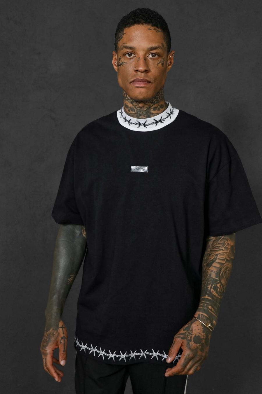 Oversize Original Man T-Shirt mit Stacheldraht-Print, Black image number 1