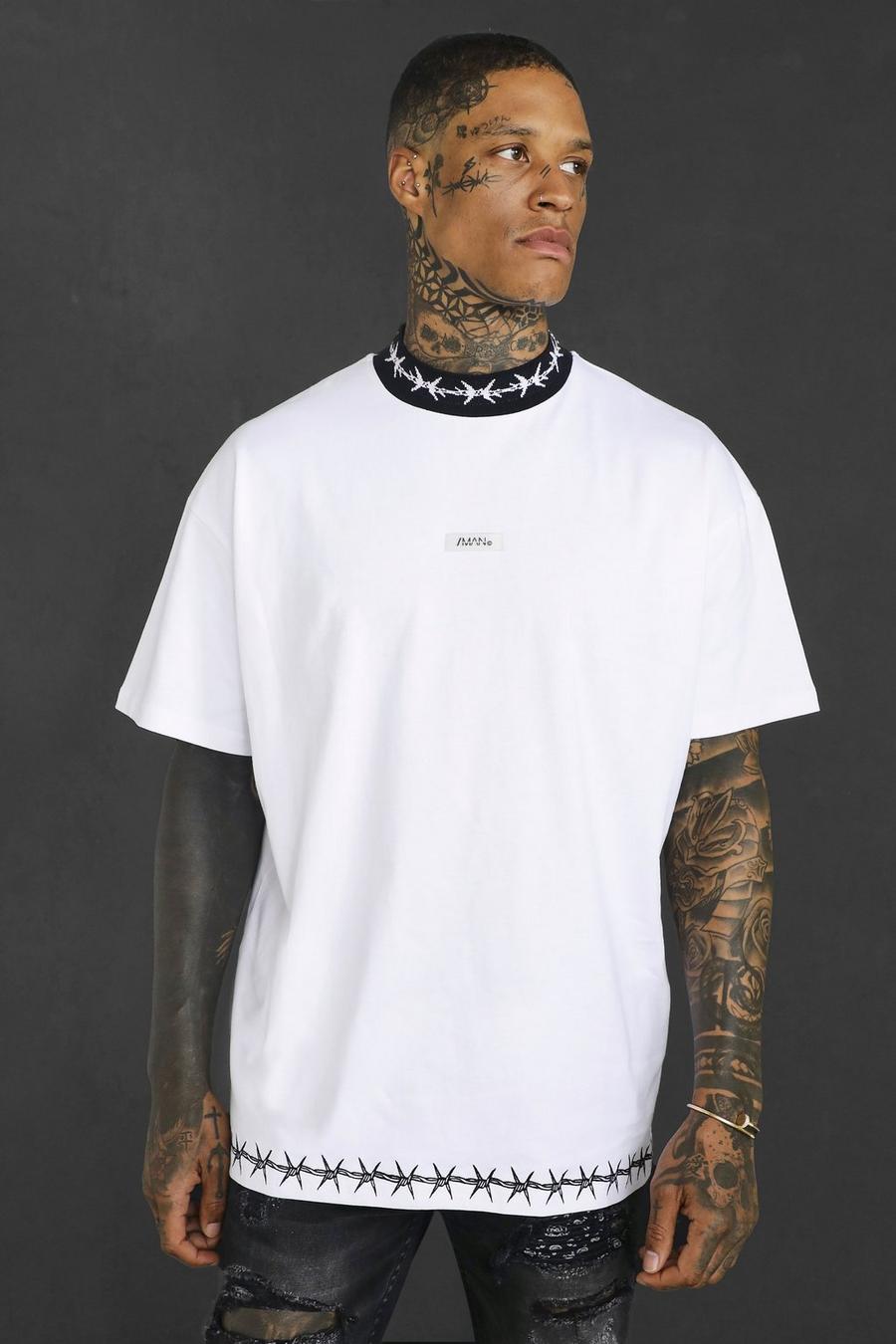 Oversize Original Man T-Shirt mit Stacheldraht-Print, White image number 1