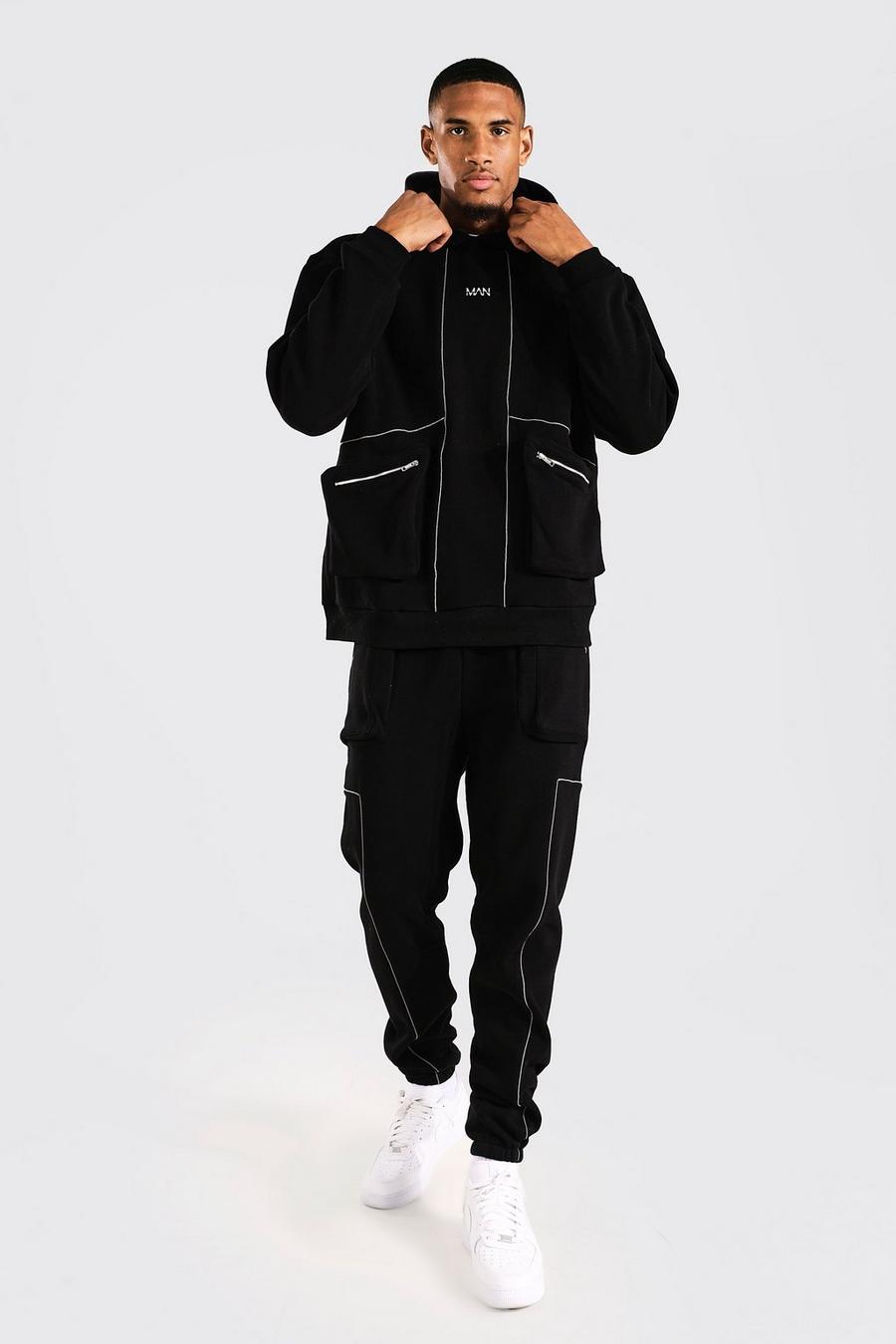 Black Tall Oversized Man Piping Utility Tracksuit image number 1