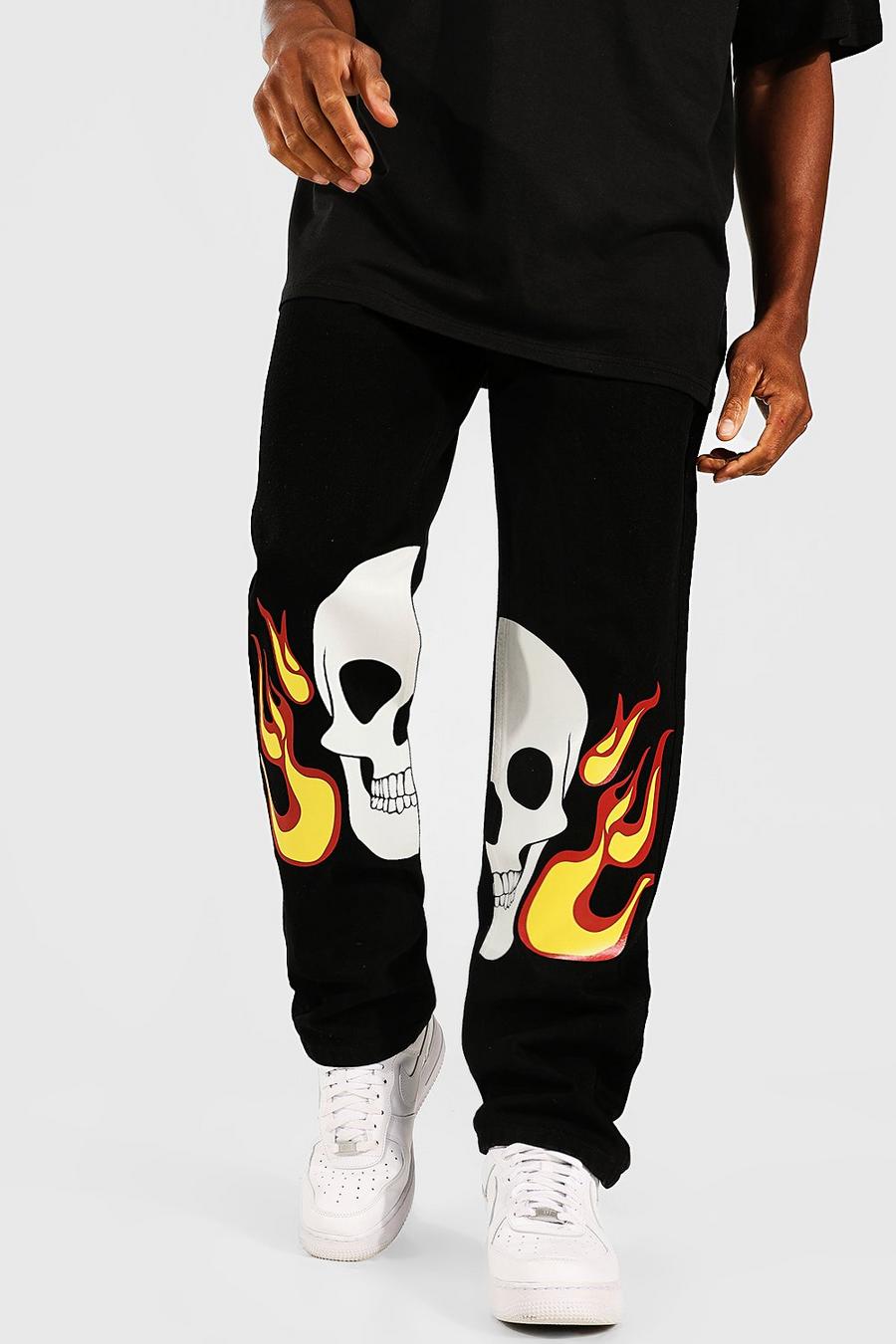 True black Relaxed Fit Rigid Skull Flame Graphic Jeans image number 1