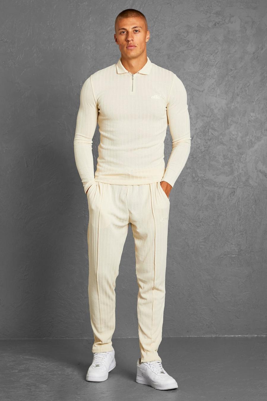 Pantalón deportivo y polo de manga larga de punto con rayas, Ecru image number 1