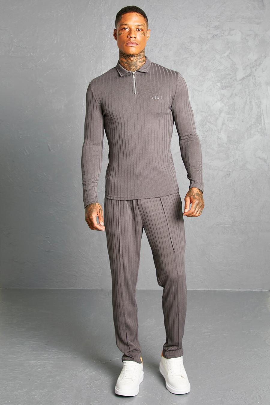 Charcoal Striped Knitted Long Sleeve Polo And Jogger image number 1