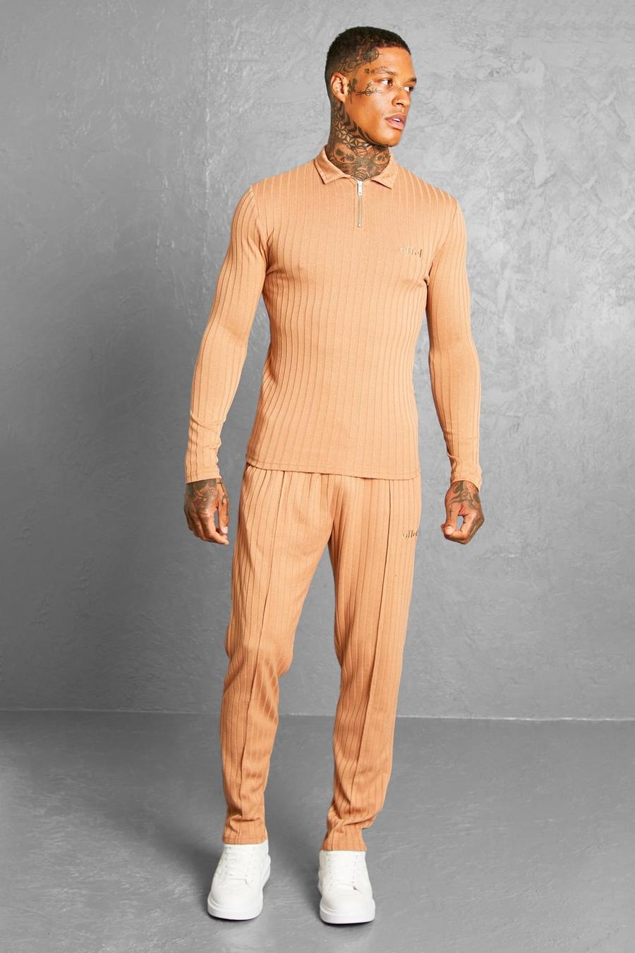 Tan Striped Knitted Long Sleeve Polo And Jogger image number 1