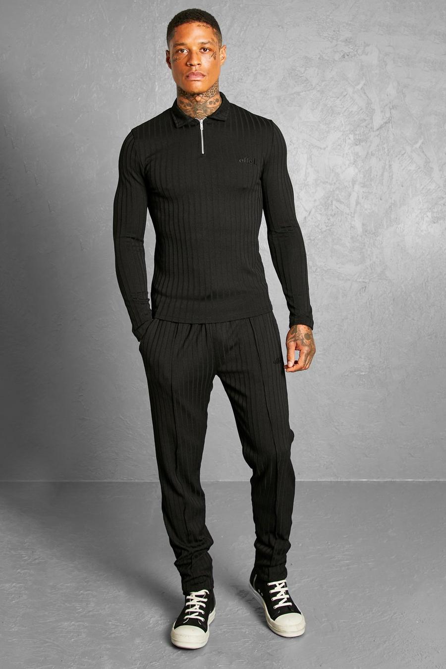 שחור nero סט סרוג של חולצת פולו ומכנסי ריצה עם פסים  image number 1