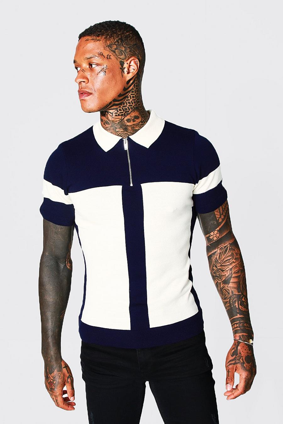 Navy Colour Block Muscle Fit Polo Met Rits image number 1