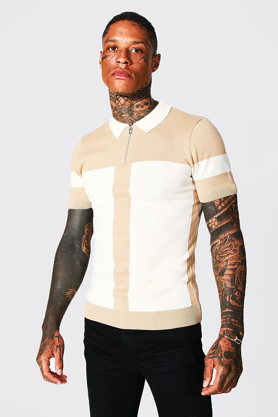 Ecru Colourblock Panelled Zip Muscle Fit Polo image number 1