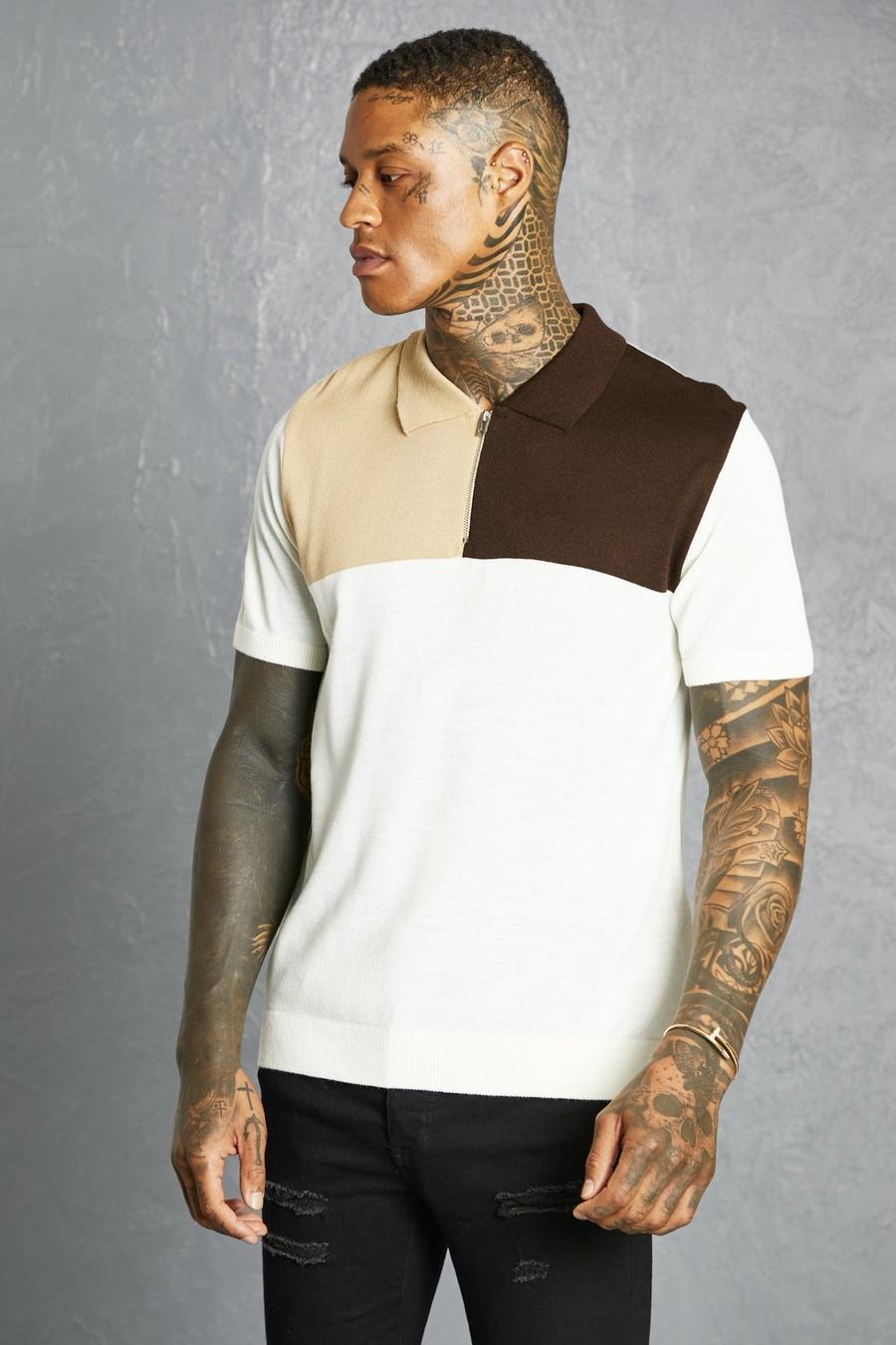 Polo in maglia con pannelli a blocchi di colore e zip corta, Chocolate image number 1