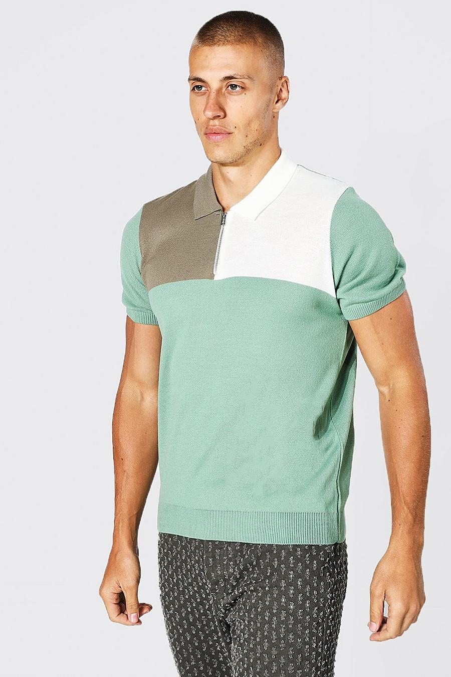 Sage green Panel Colourblock Knitted 1/4 Zip Polo