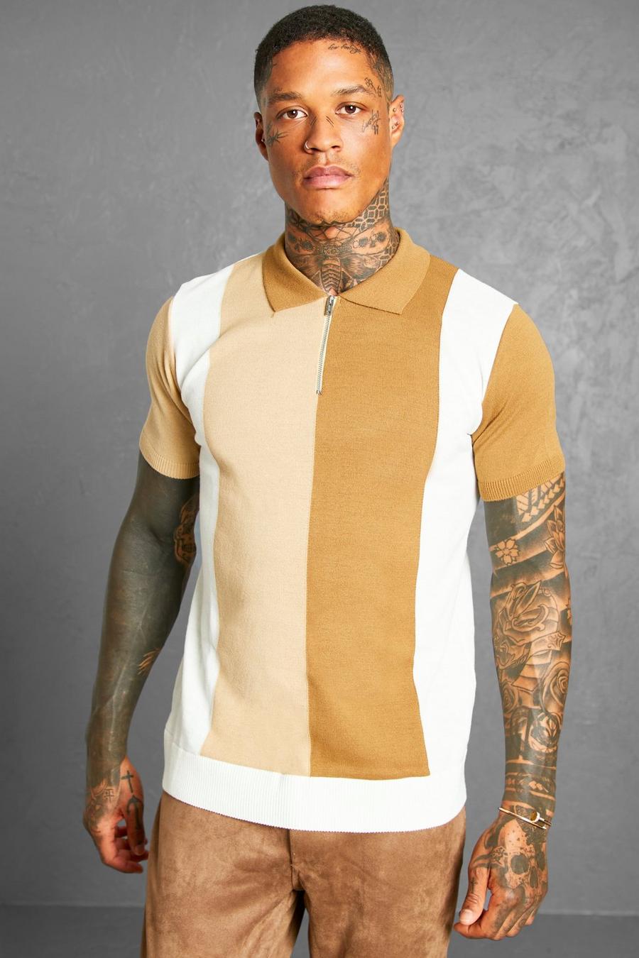 Gestreiftes Colorblock Strick-Poloshirt mit Reißverschluss, Kamelhaarfarben image number 1