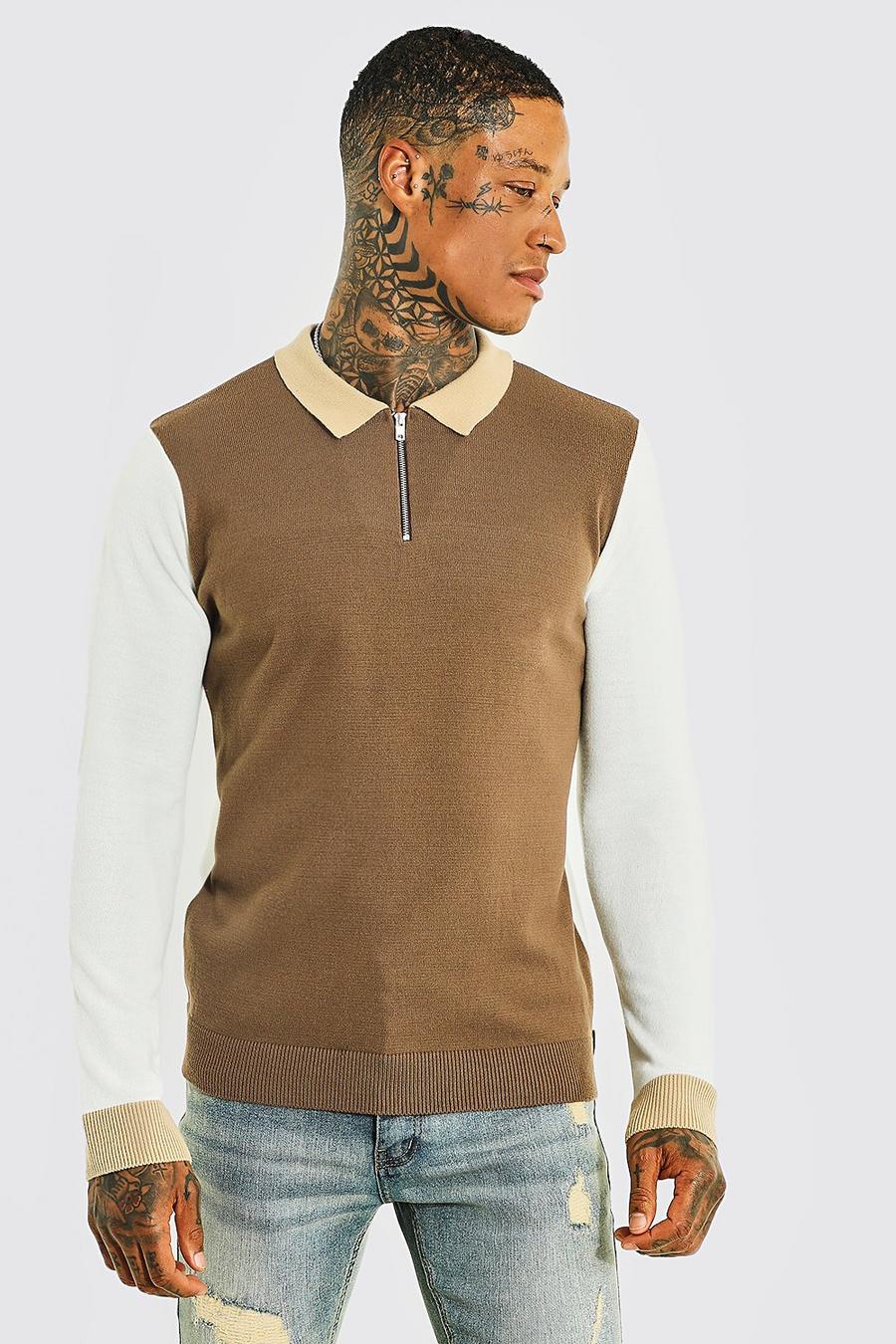 Taupe Long Sleeve Colourblock Quarter Zip Polo image number 1
