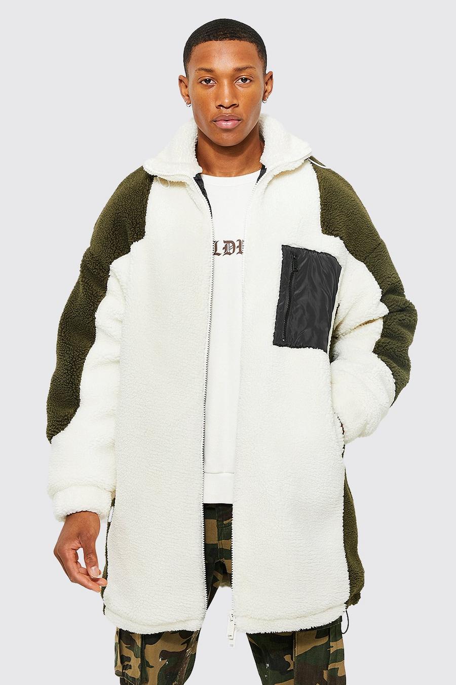 Ecru white Colourblock Borg Longline Jacket