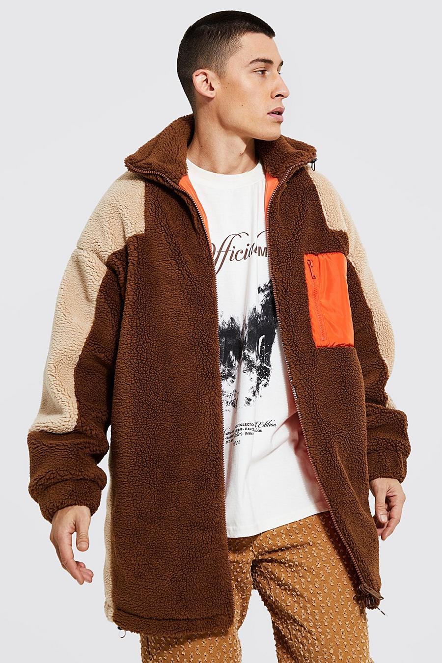 Chocolate brown Colourblock Borg Longline Jacket