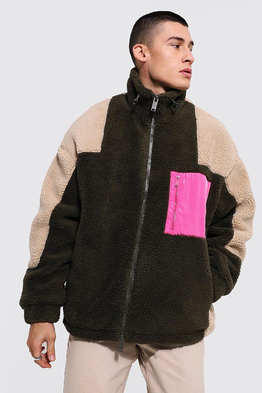 Chaqueta de borreguito con colores en bloque y bolsillo en el pecho de nailon, Khaki image number 1