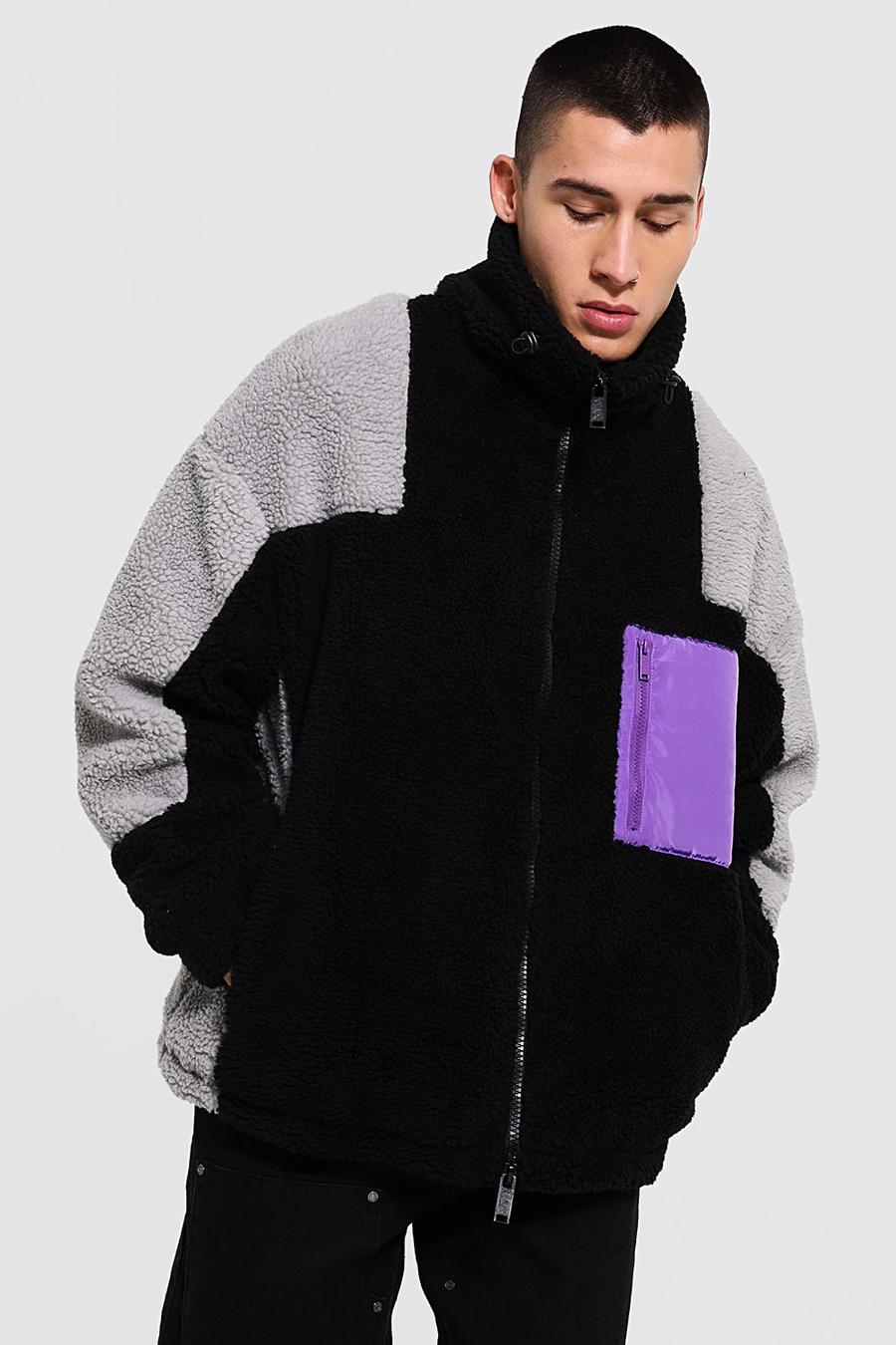 Veste en faux mouton style color block à poche fluo, Black image number 1