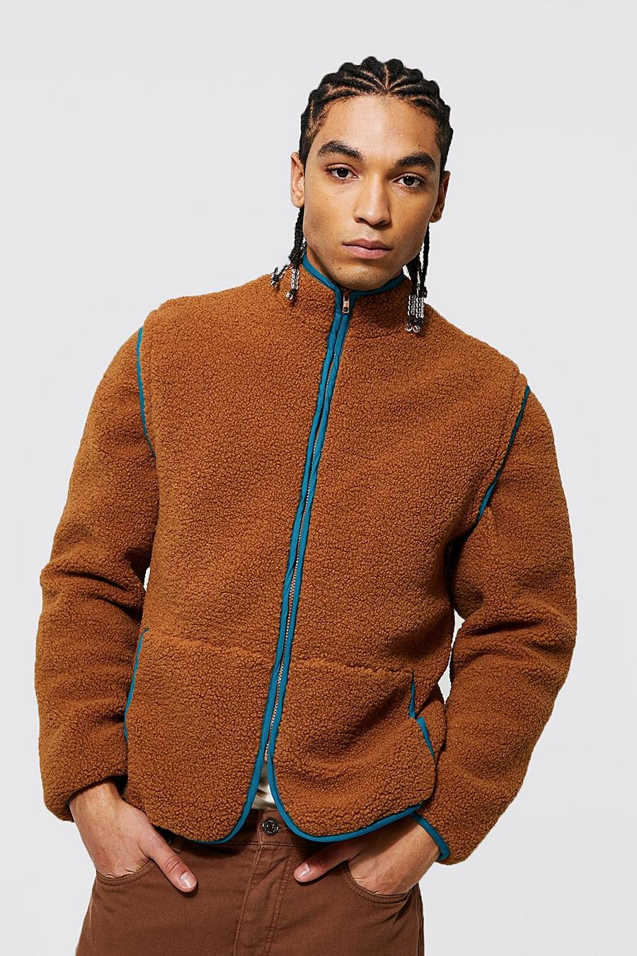 Tan brun Borg Jacket With Binding & Detachable Sleeves