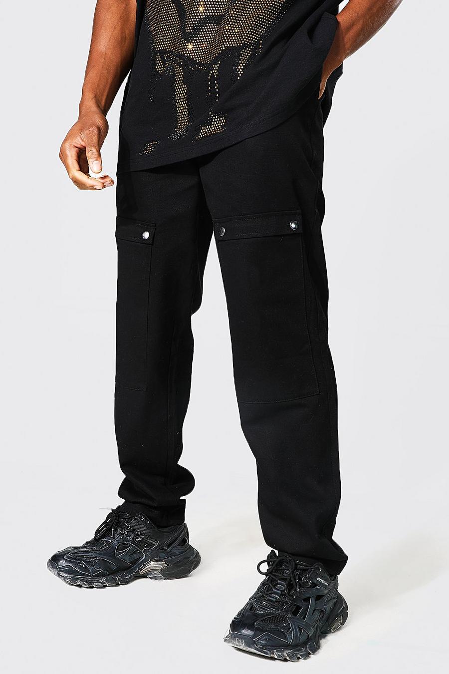Pantalon cargo droit avec étiquette effet tissé, Black image number 1