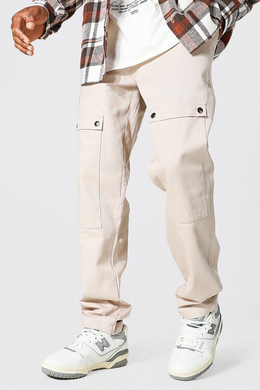 Straight Leg Cargo Trousers With Woven Tab | boohoo