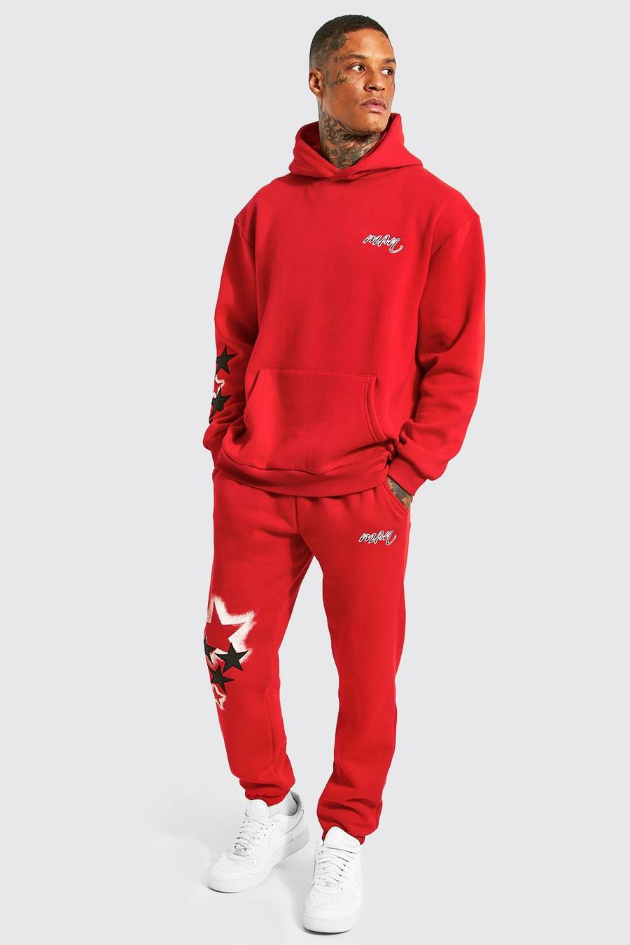 Red Oversized Man Star Hooded Tracksuit image number 1