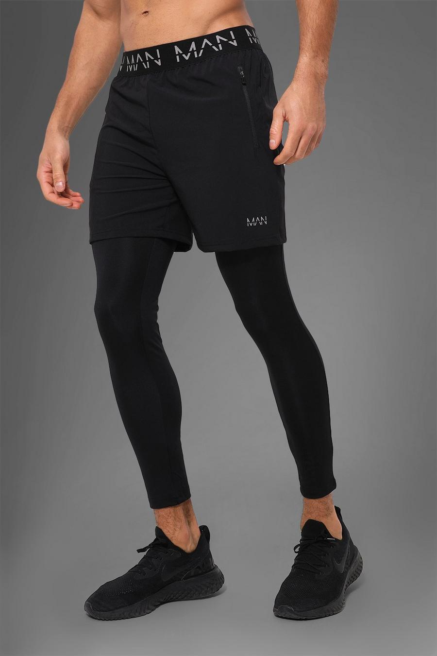 Black svart Man Active Gym 2-In-1 Legging Shorts