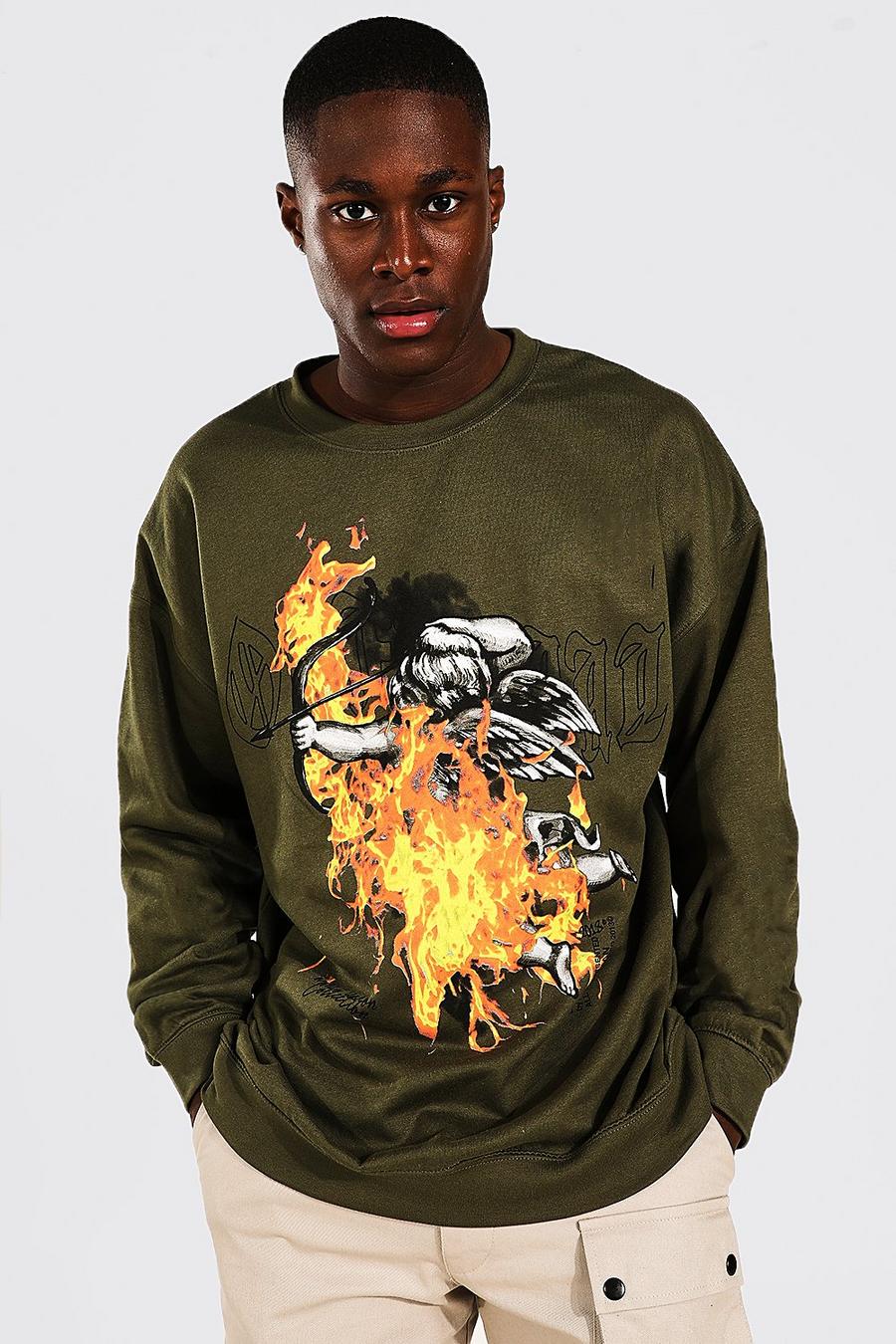 Oversize Sweatshirt mit Satuen und Flammen-Print, Khaki image number 1