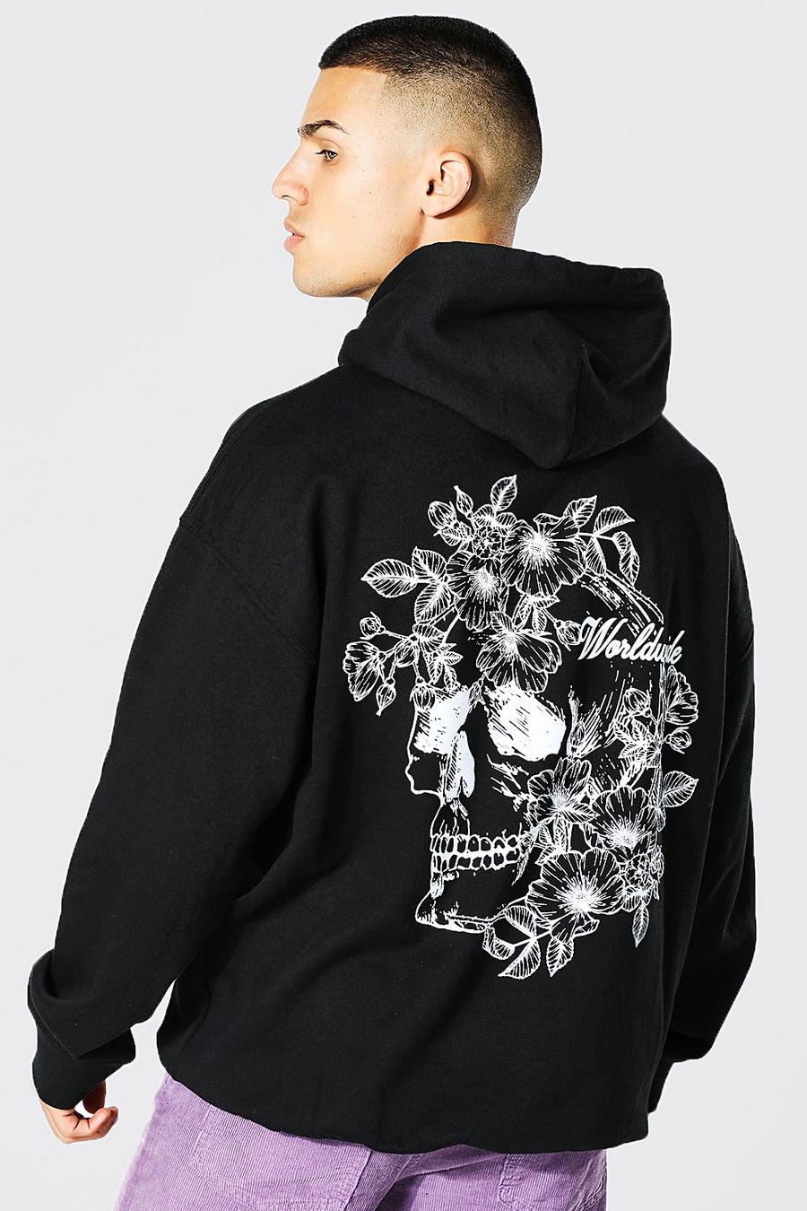 Black Oversized Etched Skull Graphic Hoodie image number 1