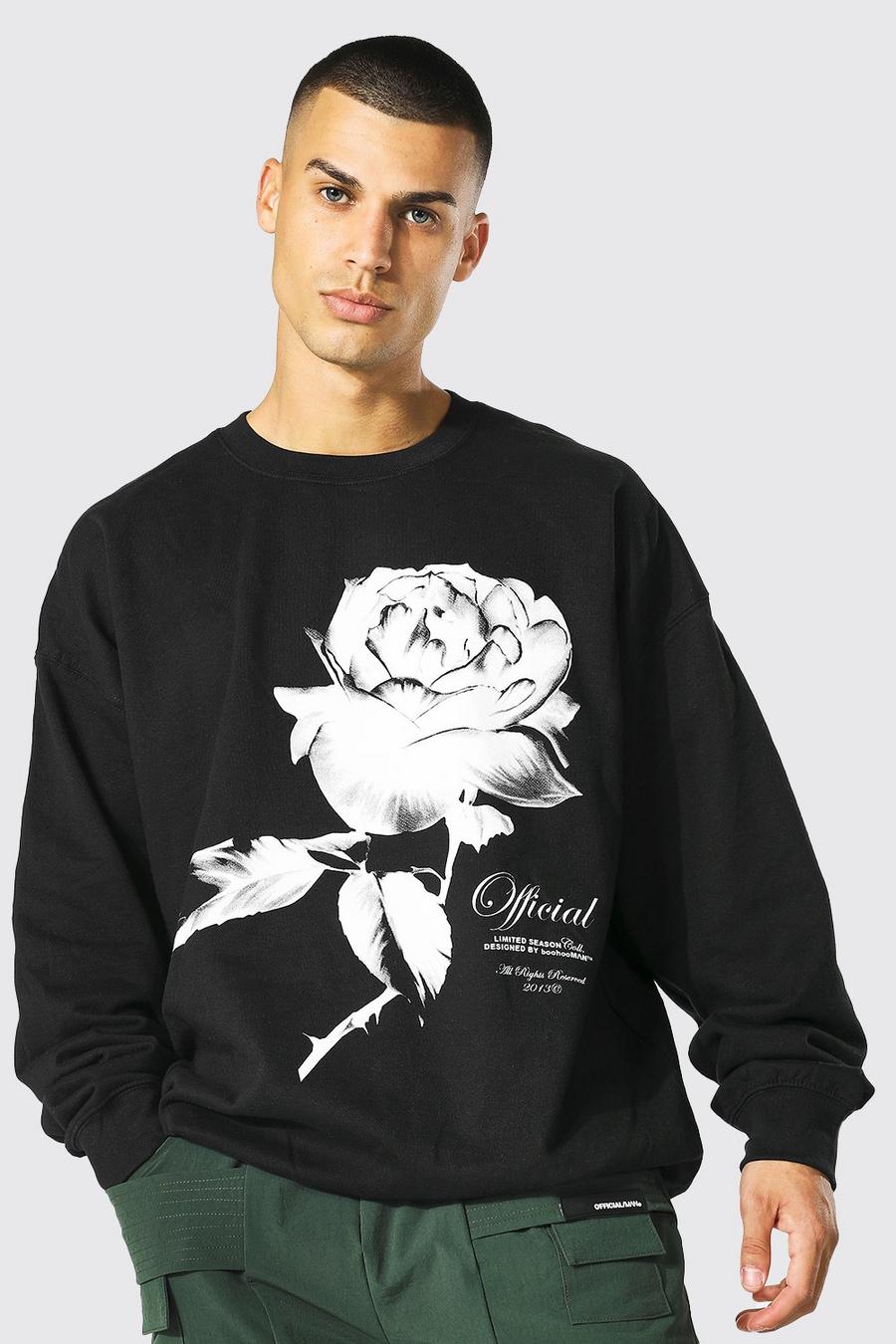 Oversize Sweatshirt mit Rosen-Print, Black image number 1
