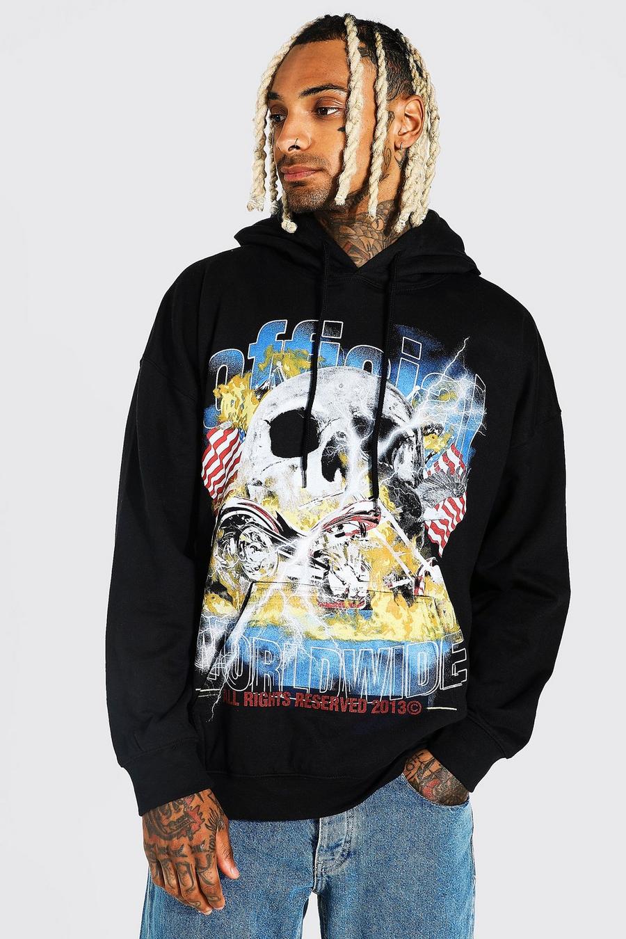Black Oversized Skull Flame Graphic Hoodie image number 1
