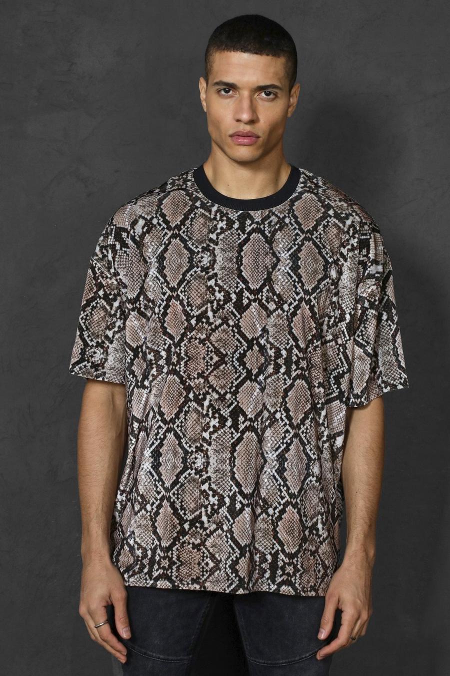 T-shirt oversize in velours con stampa di serpenti all over, Brown image number 1