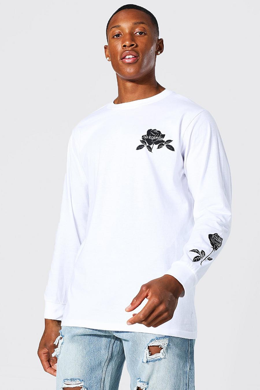 White Limited Edition Rose Print Long Sleeve Tshirt image number 1