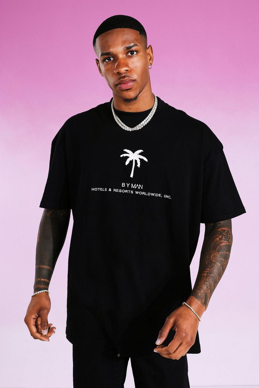 Übergroßes T-Shirt mit verlängerten Kragen und Palmen-Print, Schwarz image number 1