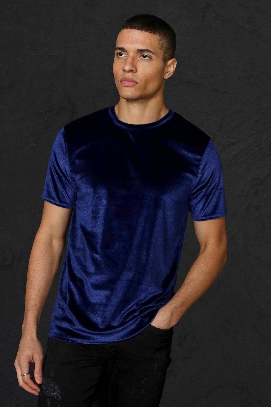 Navy Velours Muscle Fit T-Shirt image number 1