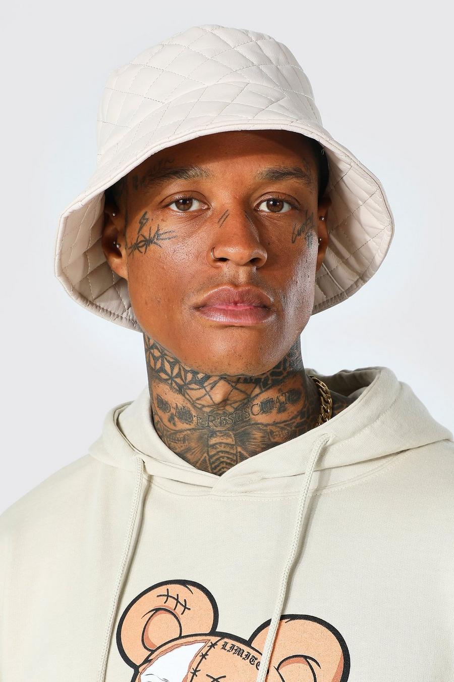 Ecru Leather Look Quilted Bucket Hat image number 1