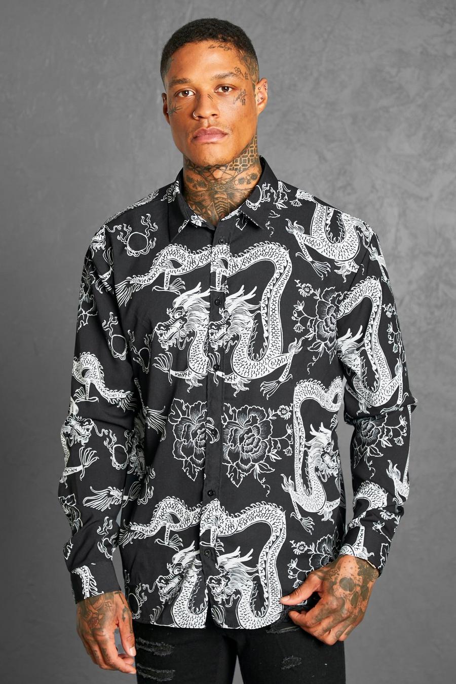Black Oversized Dragon Overhemd Met Lange Mouwen image number 1