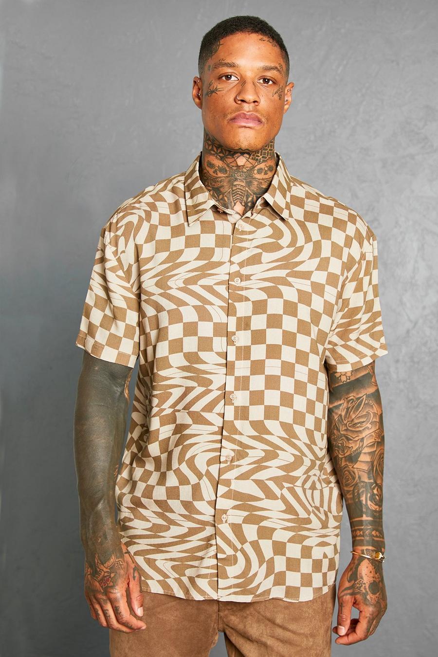 Taupe Oversized Checkerboard Viscose Shirt image number 1