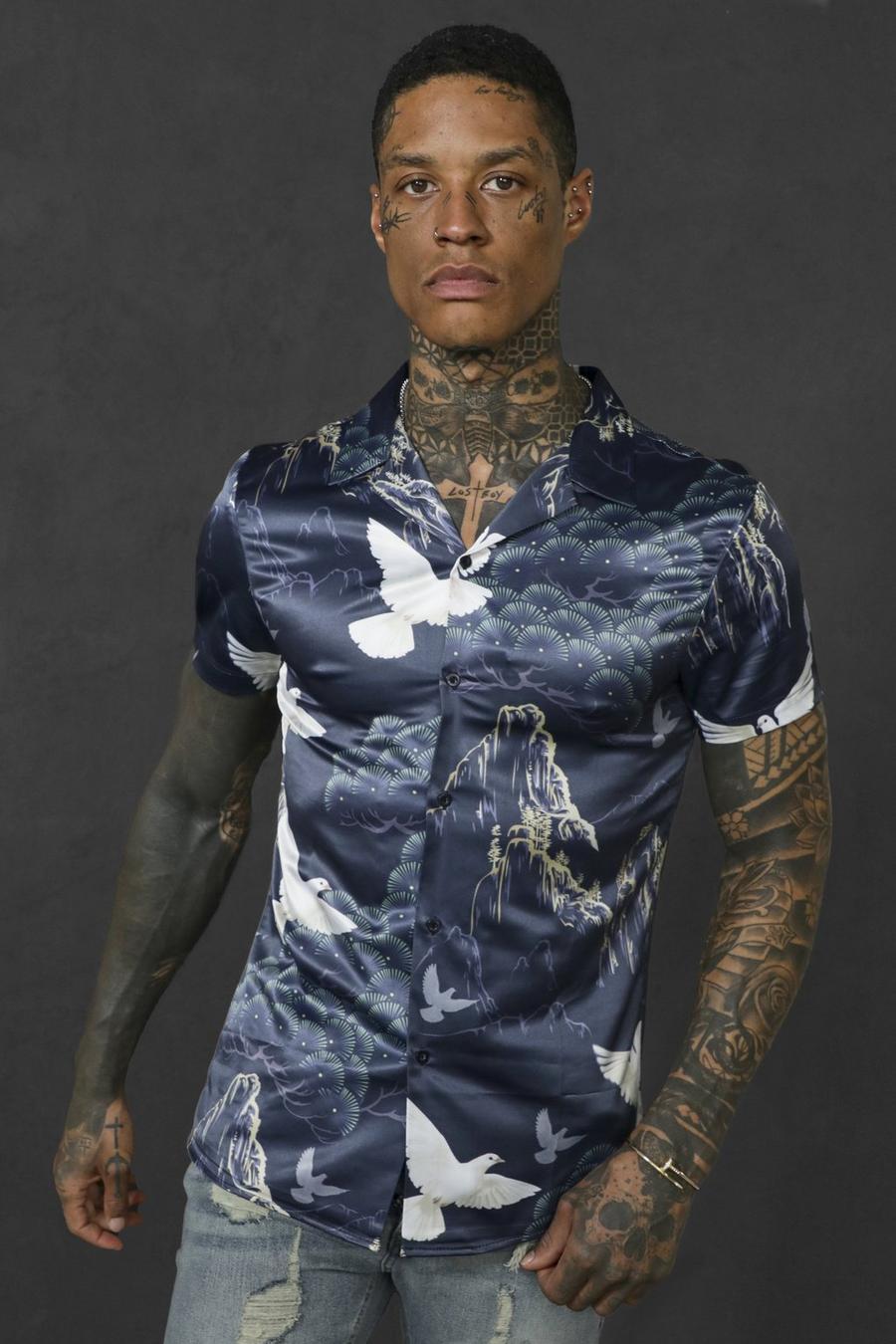 Navy Short Sleeve Muscle Bird Print Satin Shirt image number 1