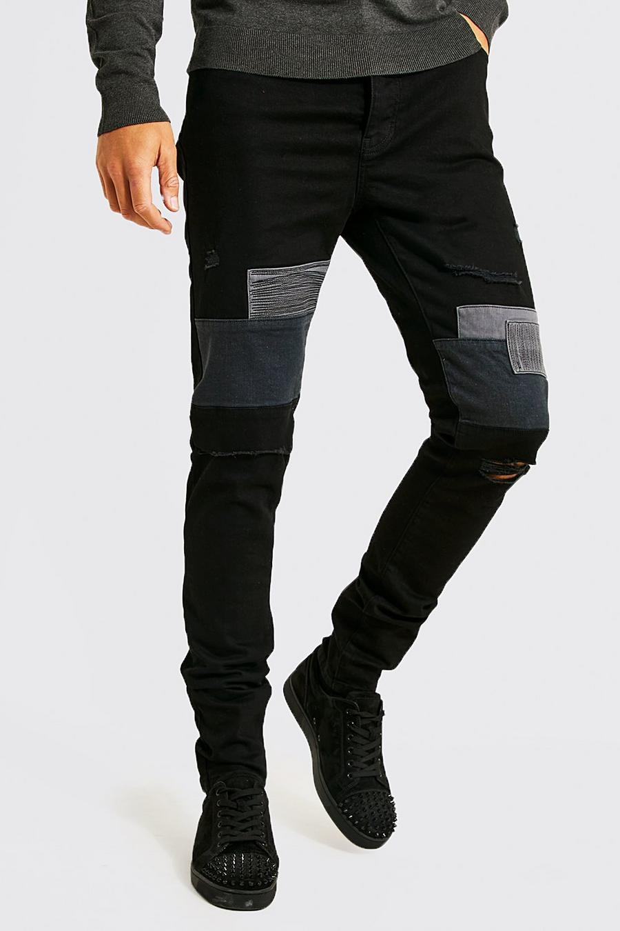 True black Tall - Skinny jeans med stretch och patchwork image number 1