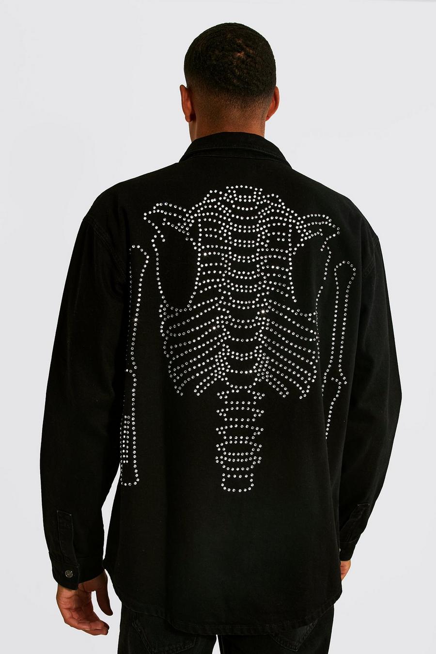 True black Tall Rhinestone Skeleton Denim Overshirt image number 1