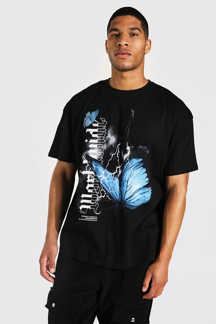 Tall Oversize Man T-Shirt mit Schmetterlings-Print, Black image number 1
