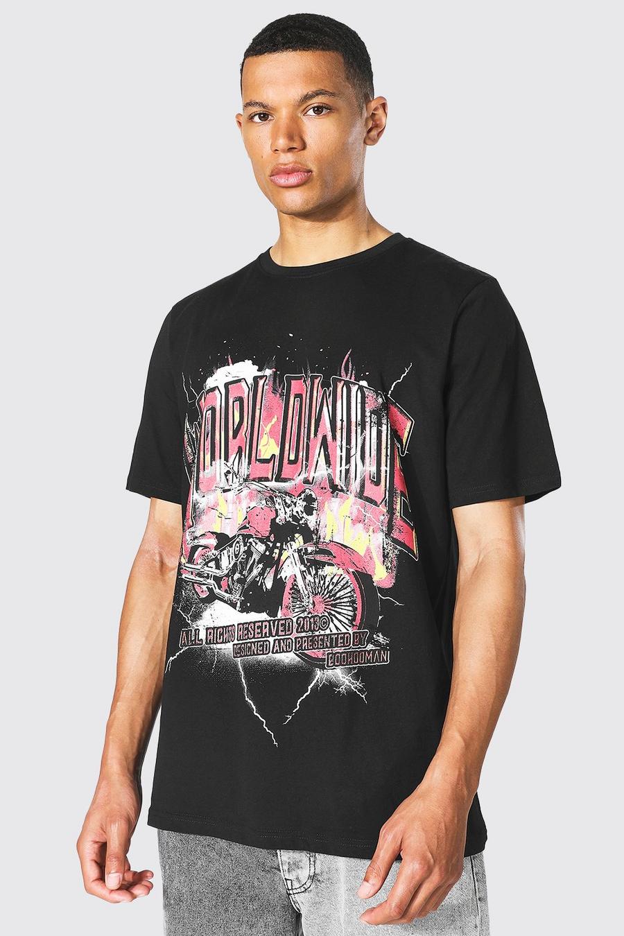 T-shirt Tall con grafica Worldwide e moto, Black image number 1