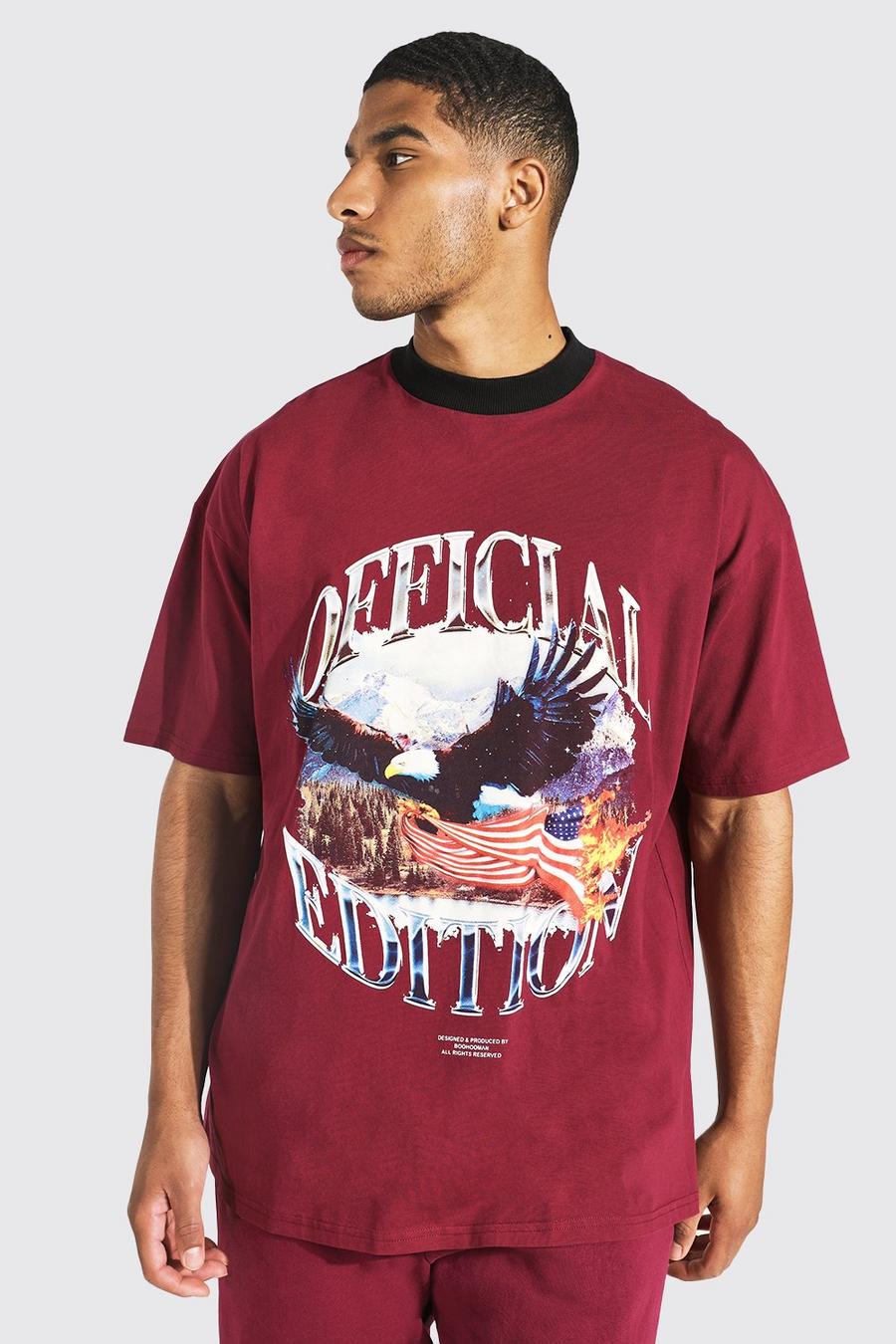 Camiseta Tall oversize Official con lavado a la piedra y estampado de águila , Burgundy image number 1