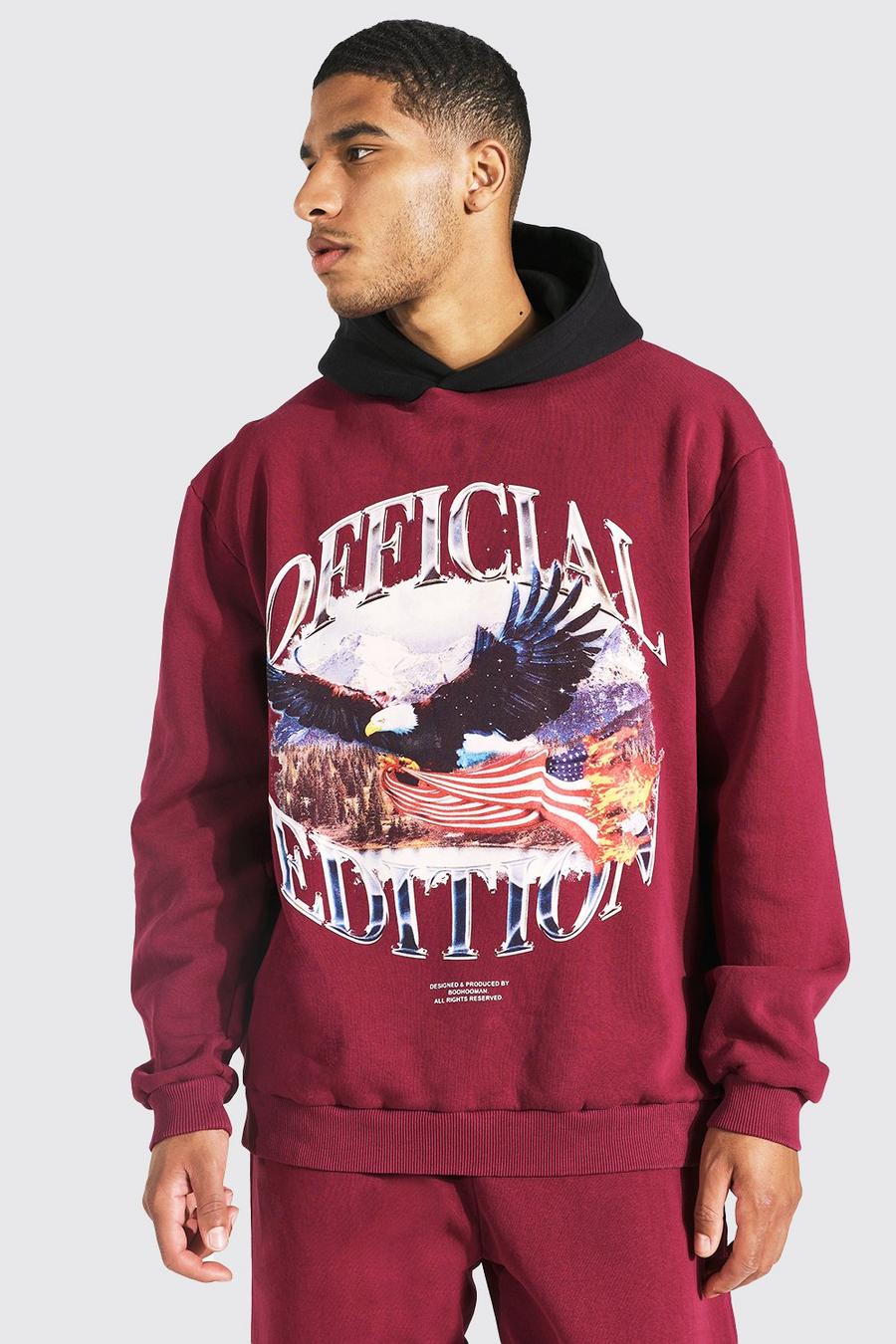 Burgundy Tall Oversized Official Eagle Washed Hoodie image number 1