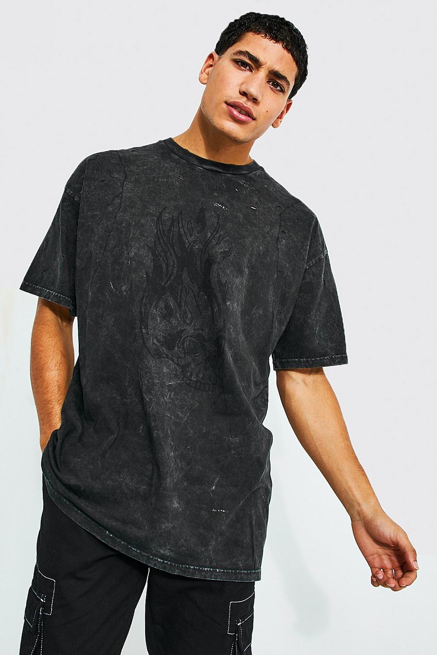 Dark grey Oversized Acid Wash Gebleekt Versleten Schedel T-Shirt image number 1