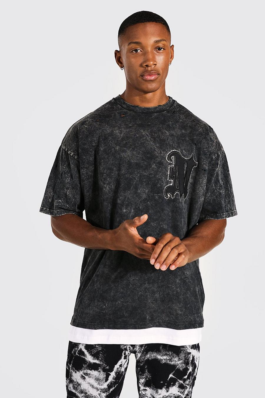 Dark grey Oversized Acid Wash Gebleekt Overlay T-Shirt image number 1
