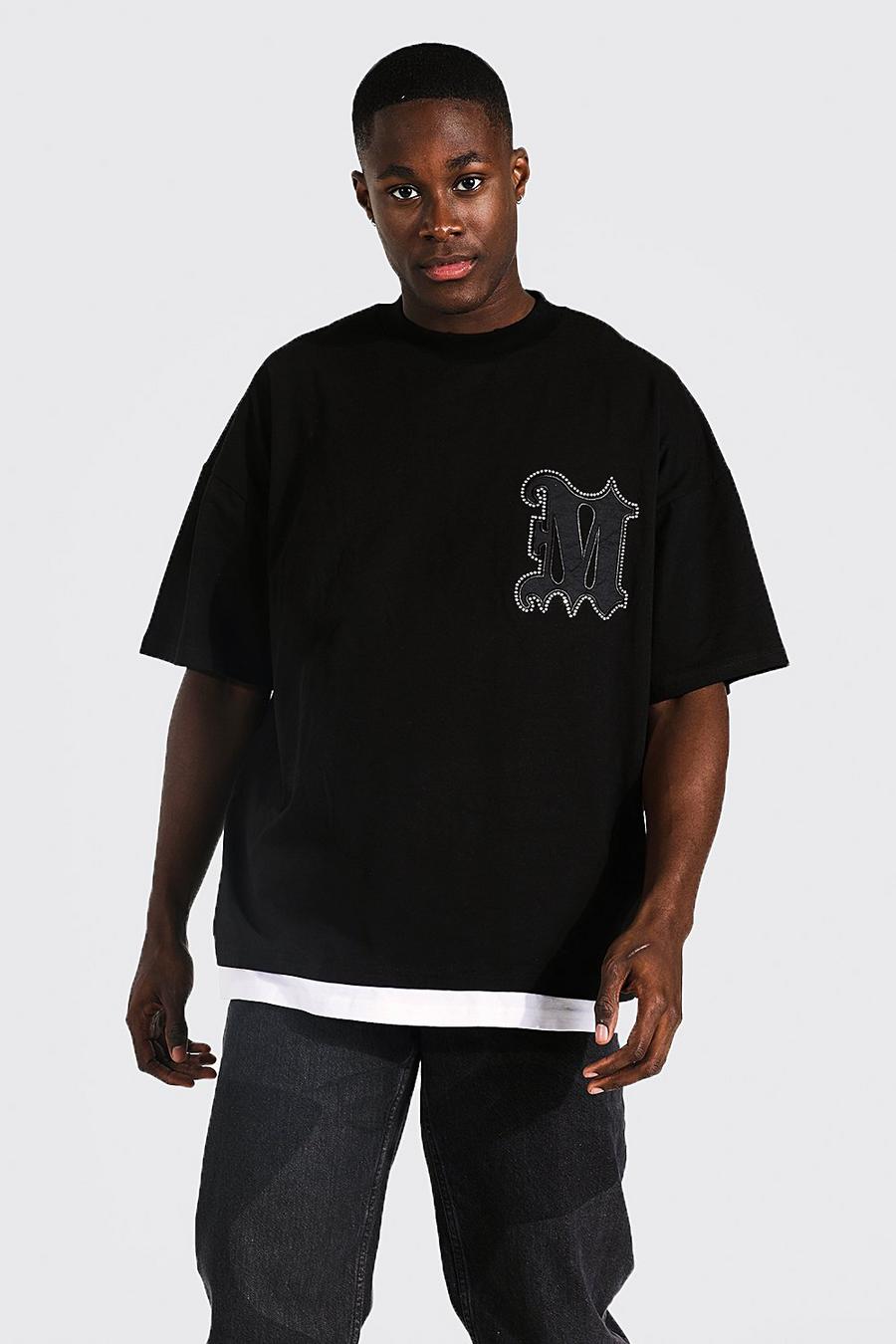 Black Oversized Acid Wash Applique Overlay T-shirt image number 1
